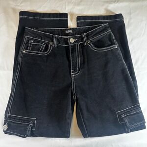Telepathia Y2K Wide Leg Cargo Black Jeans Size 7/28 White Stitch Goth Skater